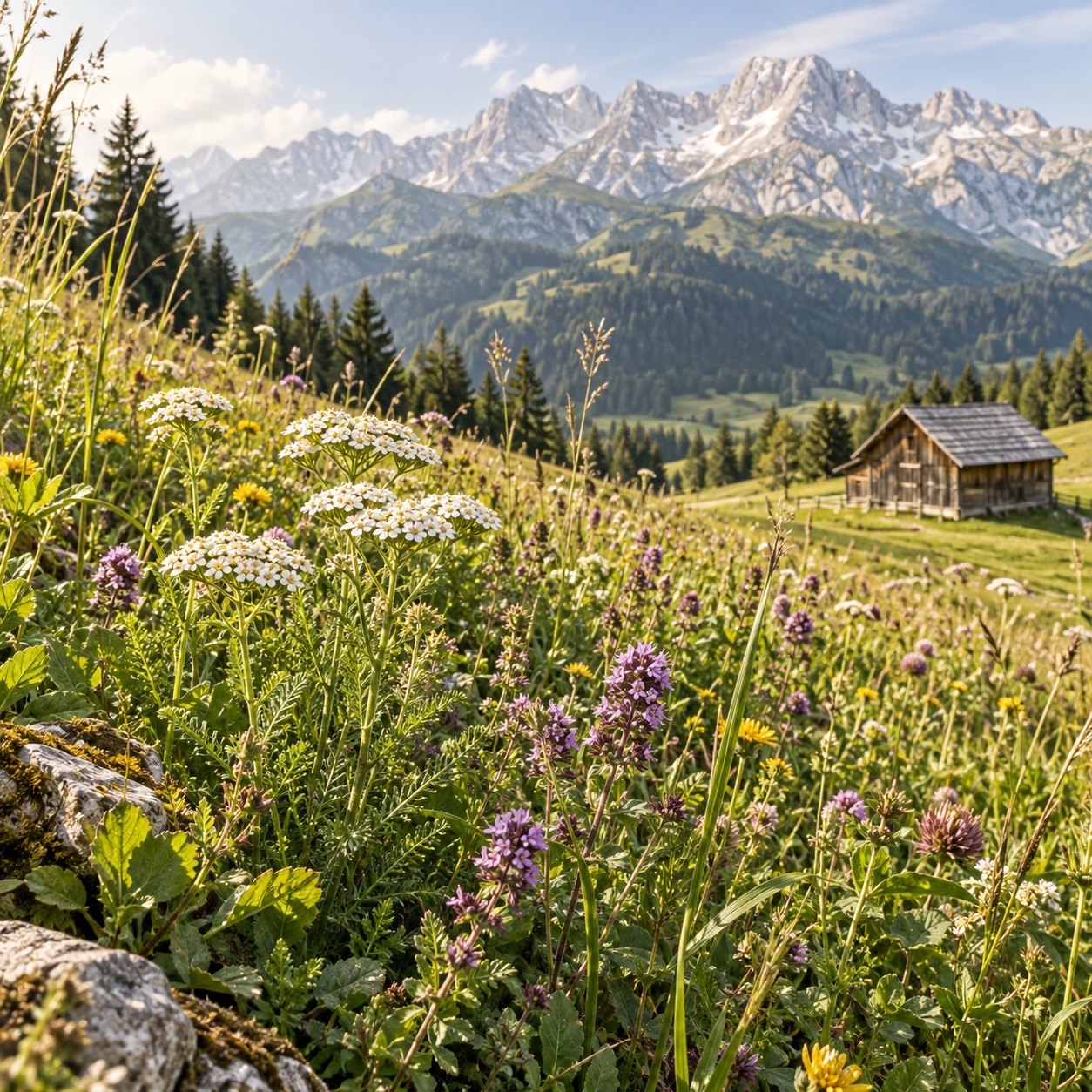 Kräuterwiese mit Heustadel vor österreichischer Alpenlandschaft