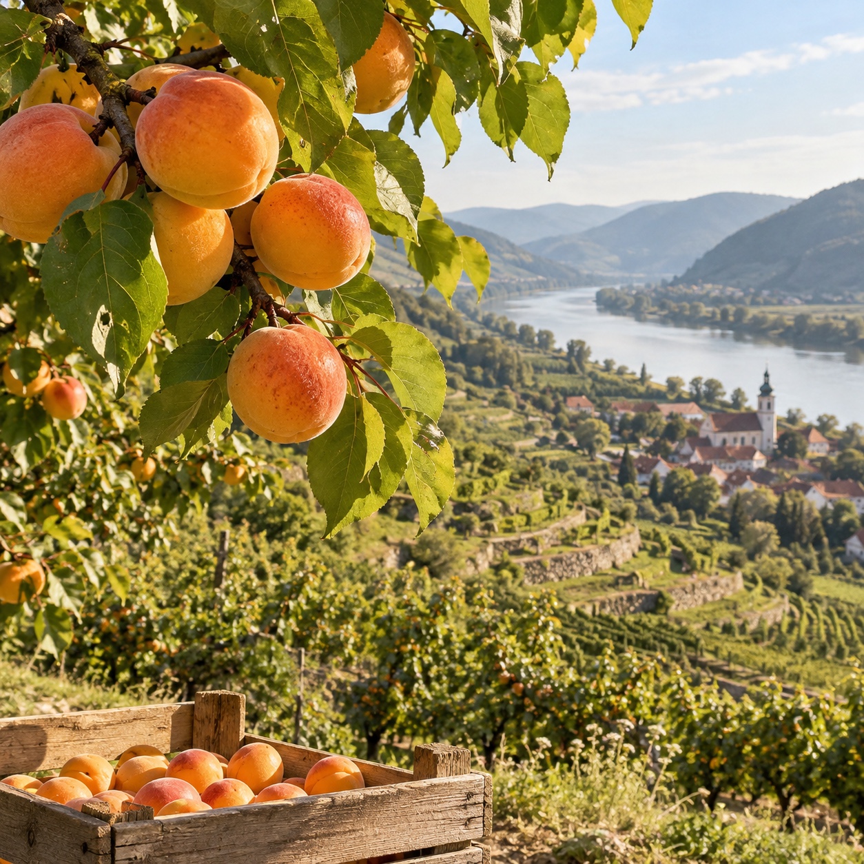 Marillen im Obstgarten vor einer österreichischen Flusslandschaft