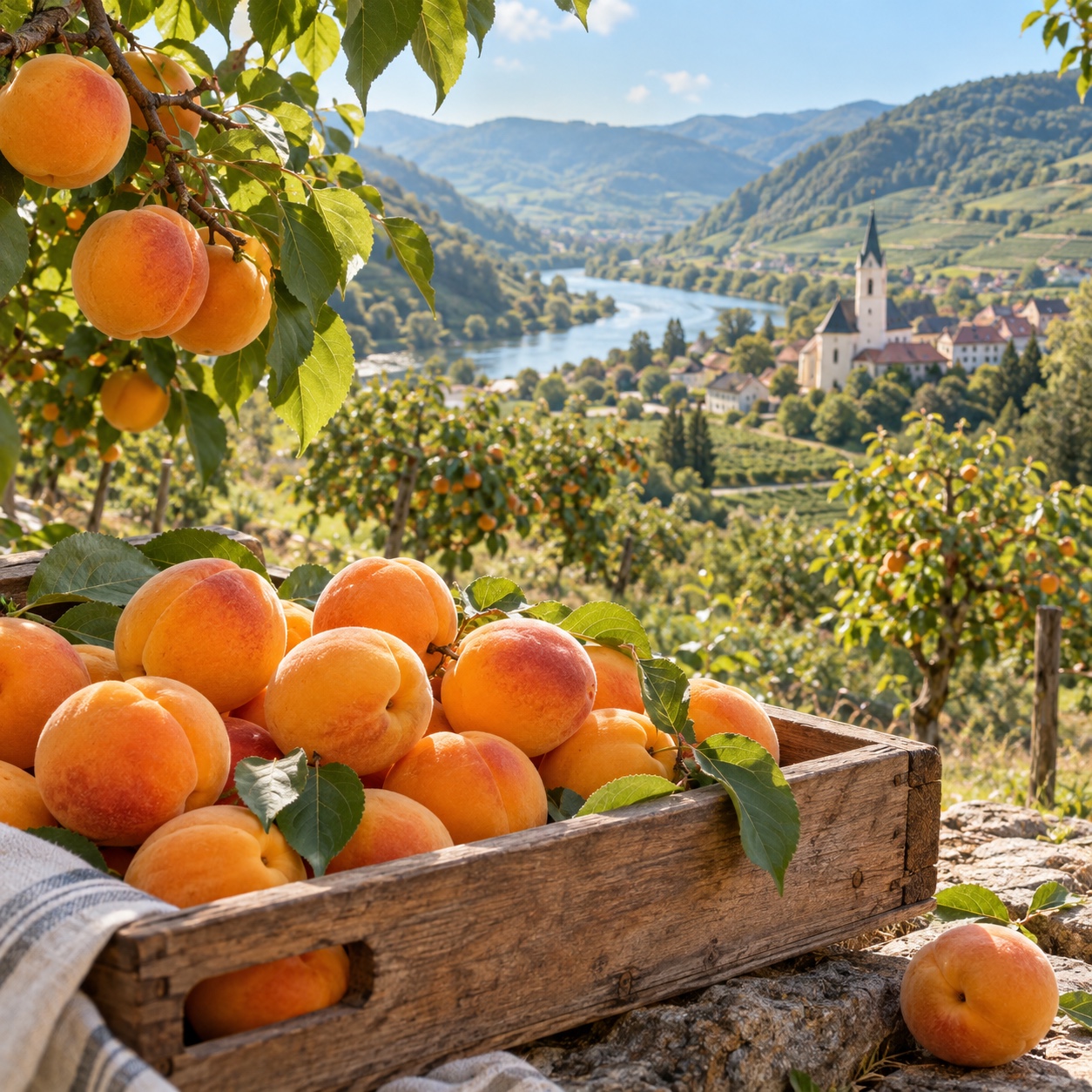 Ripe apricots being harvested in an Austrian orchard
