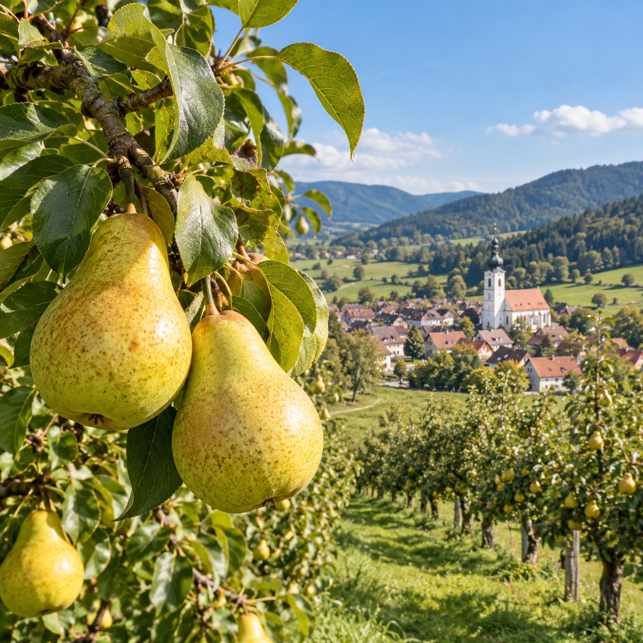 Williams pears on a tree overlooking an Austrian orchard landscape