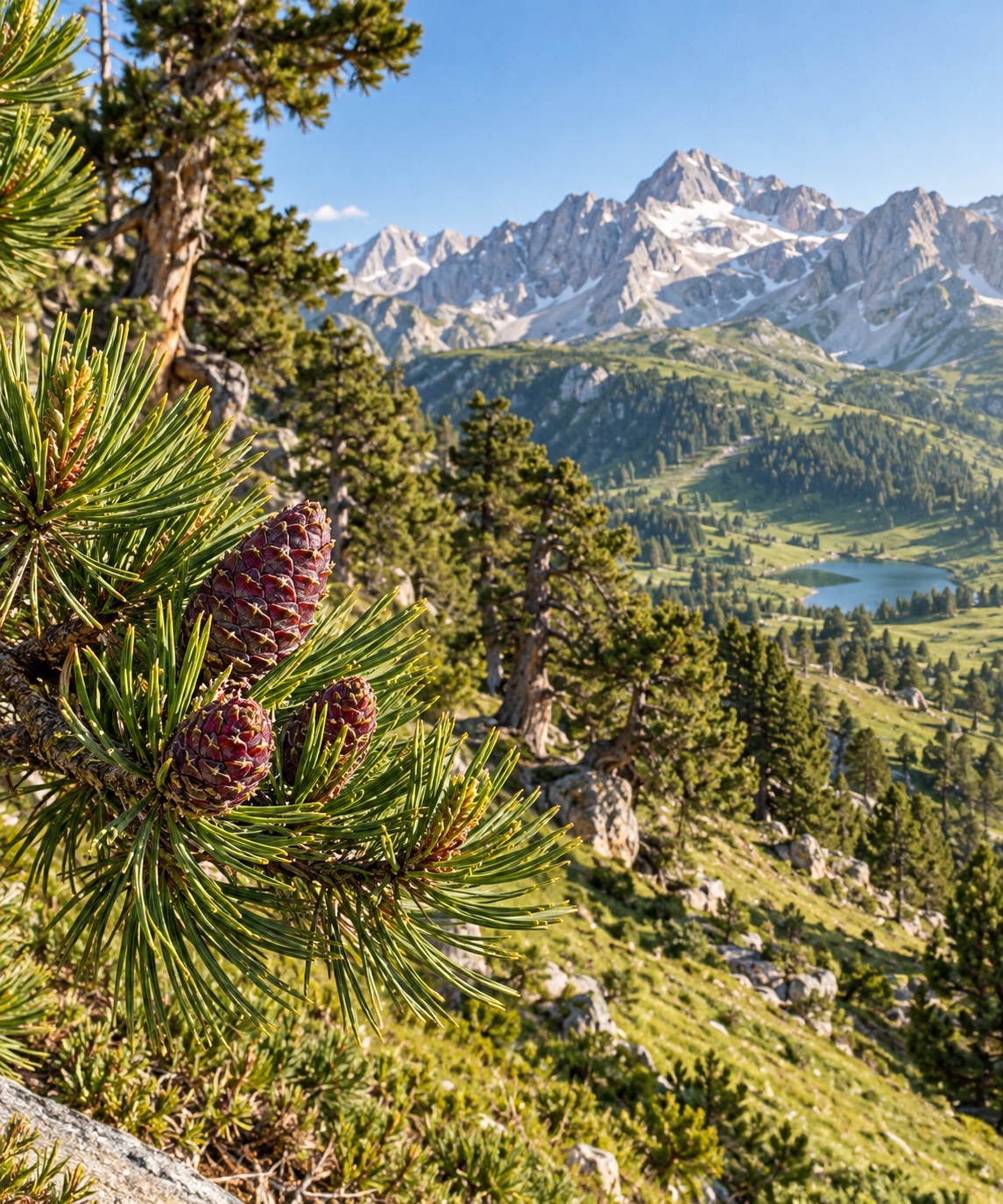 Junge Zirbenzapfen und grüne Nadeln vor einer sonnigen österreichischen Alpenlandschaft