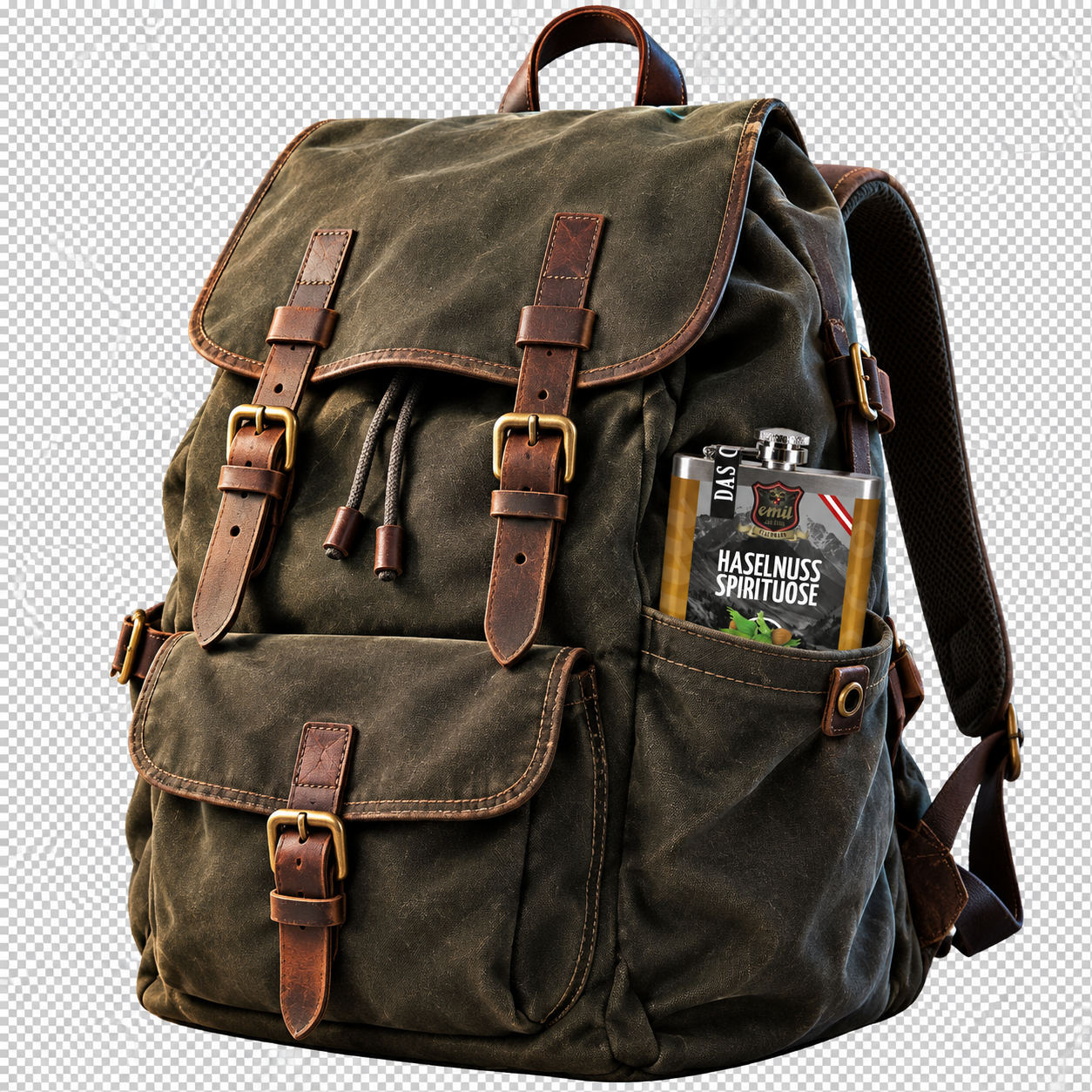 Wanderrucksack mit EMIL Haselnuss-Flachmann in der Seitentasche – eine illustrative Montage.