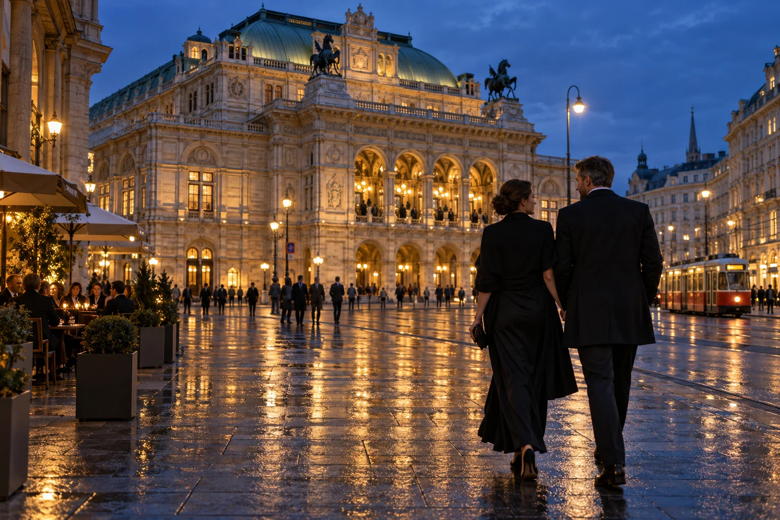 Neu interpretierte Wiener Abendstimmung mit einem erwachsenen Paar vor festlich beleuchteter Architektur