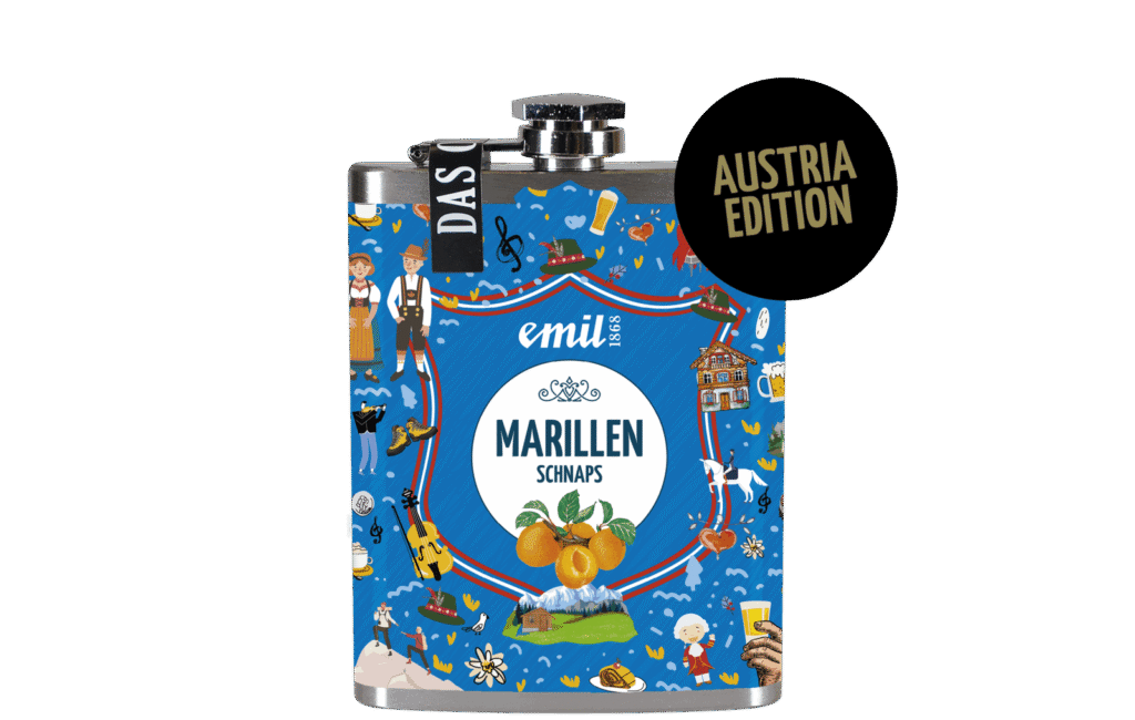 Marillen Schnaps 35%vol Sonderedition – limitierte Premiumabfüllung von emil 1868 in kompakten Flachmann