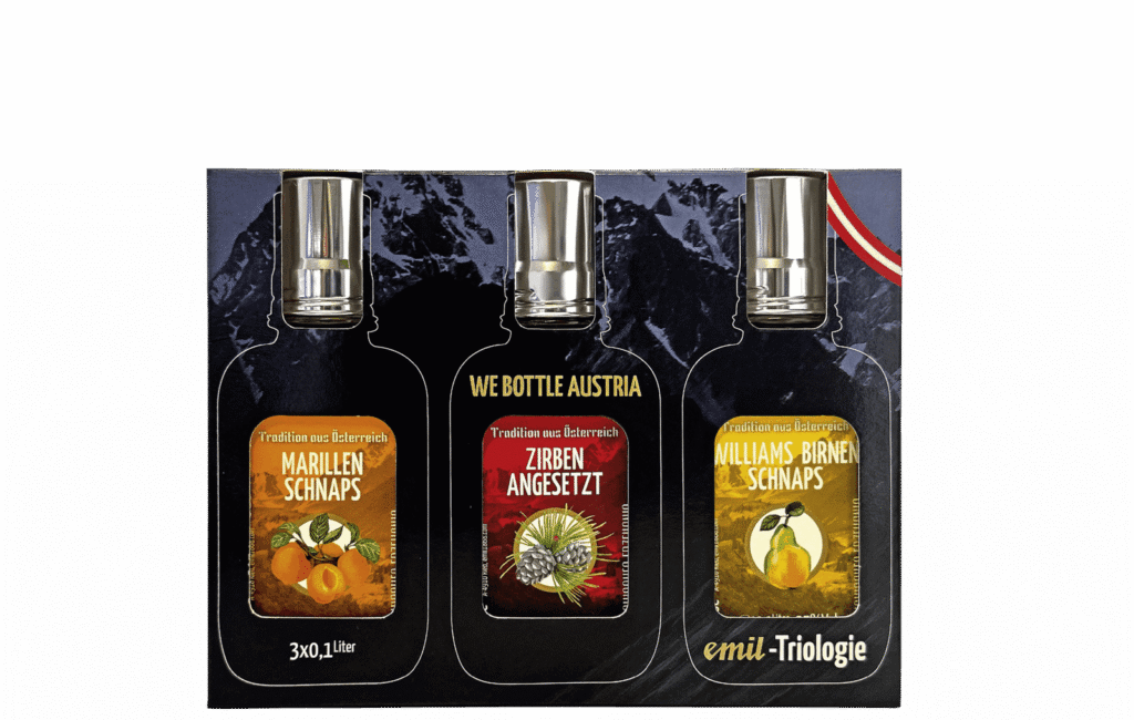 Marillen Schnaps 35%vol, Williams Birnen Schnaps 35%vol, Zirben Schnaps angesetzt 30%vol mit Stamperl Geschenkset – exklusive Geschenkidee von emil 1868