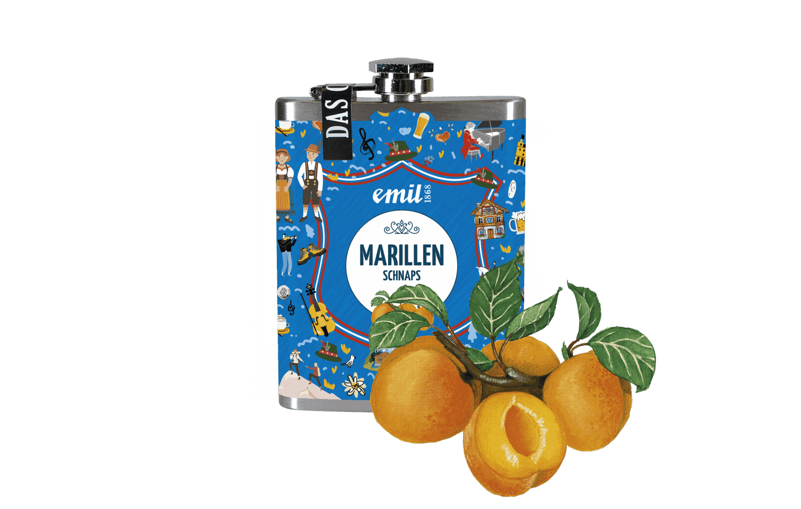 Marillen Schnaps 35%vol Sonderedition – limitierte Premiumabfüllung von emil 1868 in kompakten Flachmann