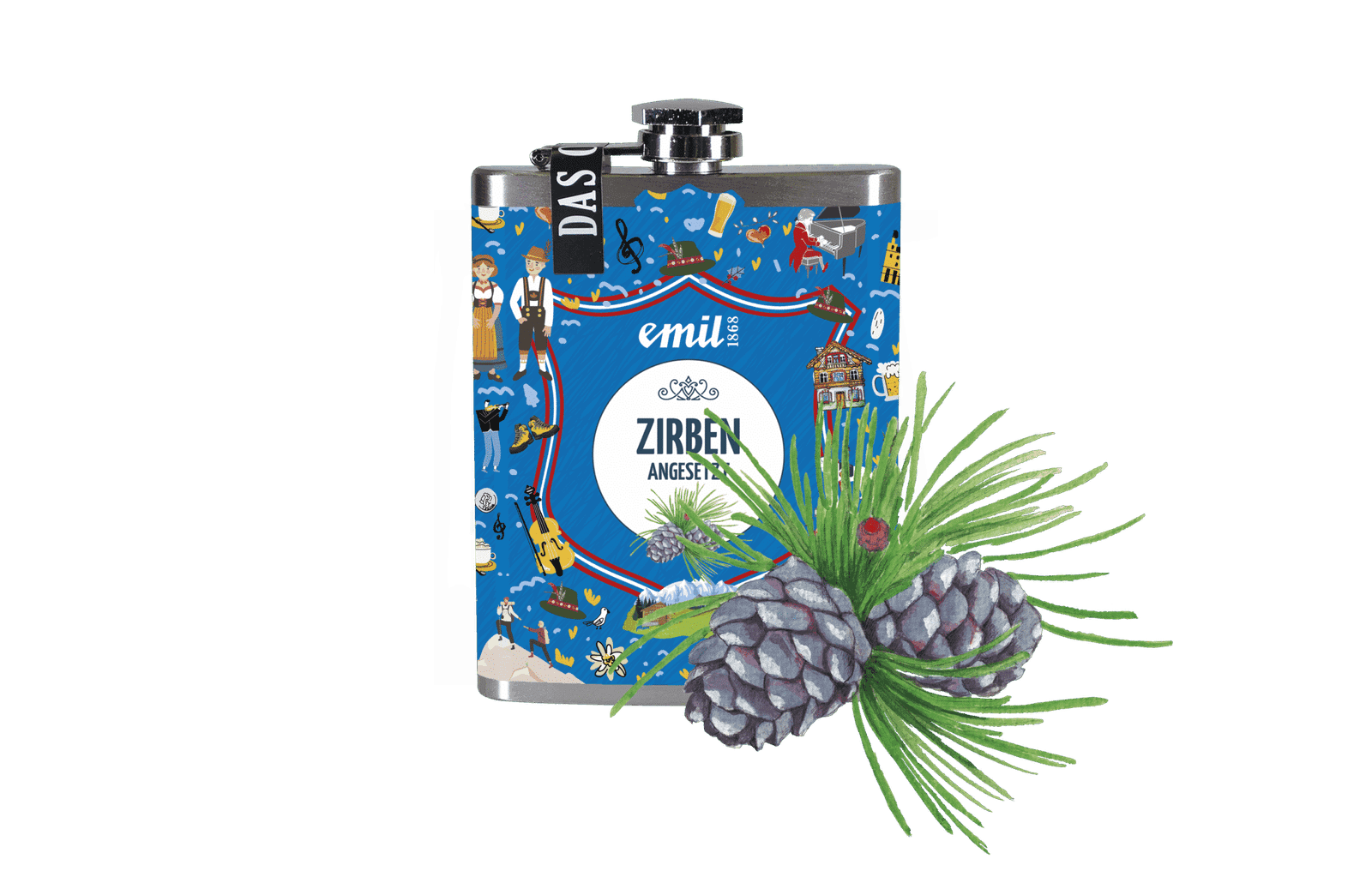 Zirben Schnaps angesetzt 30%vol Sonderedition – limitierte Premiumabfüllung von emil 1868 in kompakten Flachmann