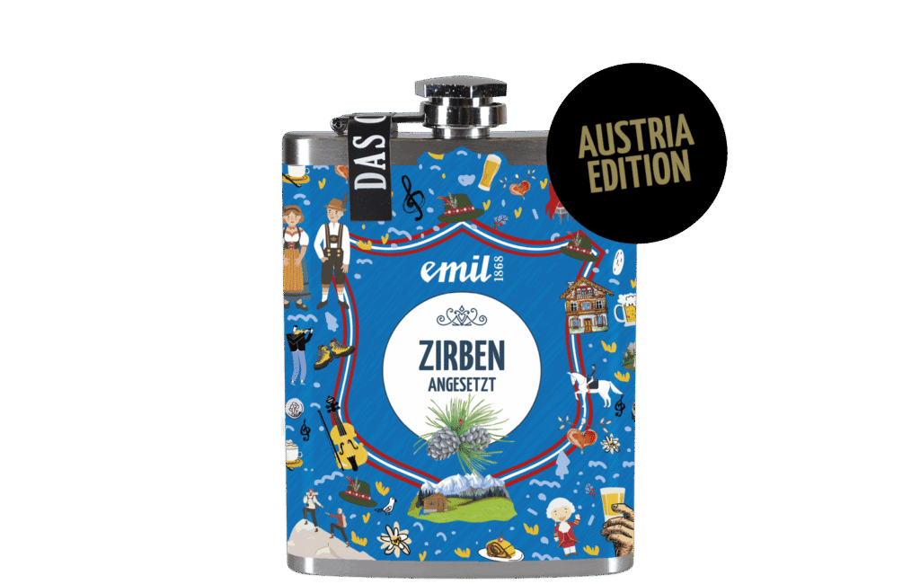Zirben Schnaps angesetzt 30%vol Sonderedition – limitierte Premiumabfüllung von emil 1868 in kompakten Flachmann