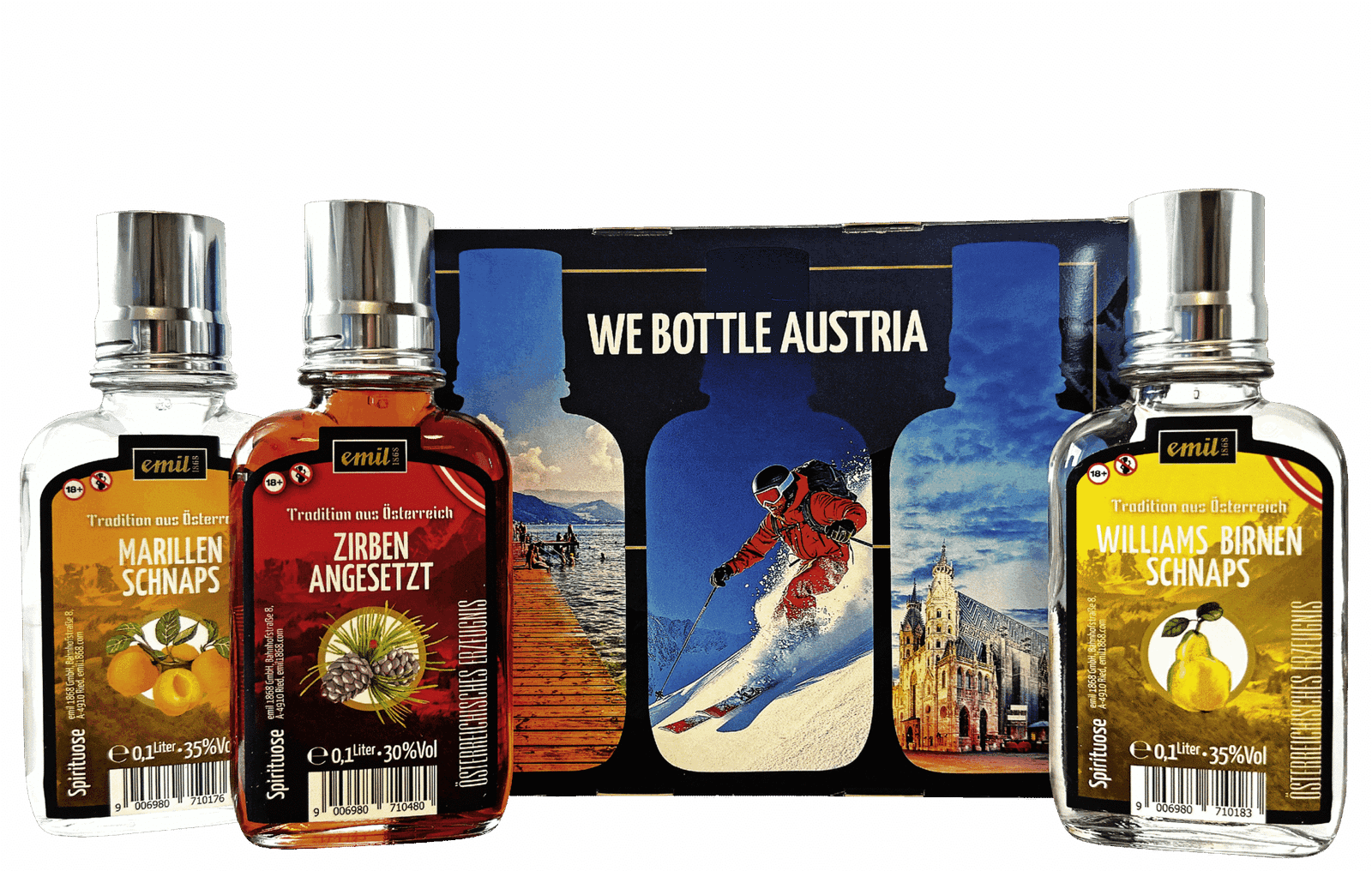 Marillen Schnaps 35%vol, Williams Birnen Schnaps 35%vol, Zirben Schnaps angesetzt 30%vol mit Stamperl