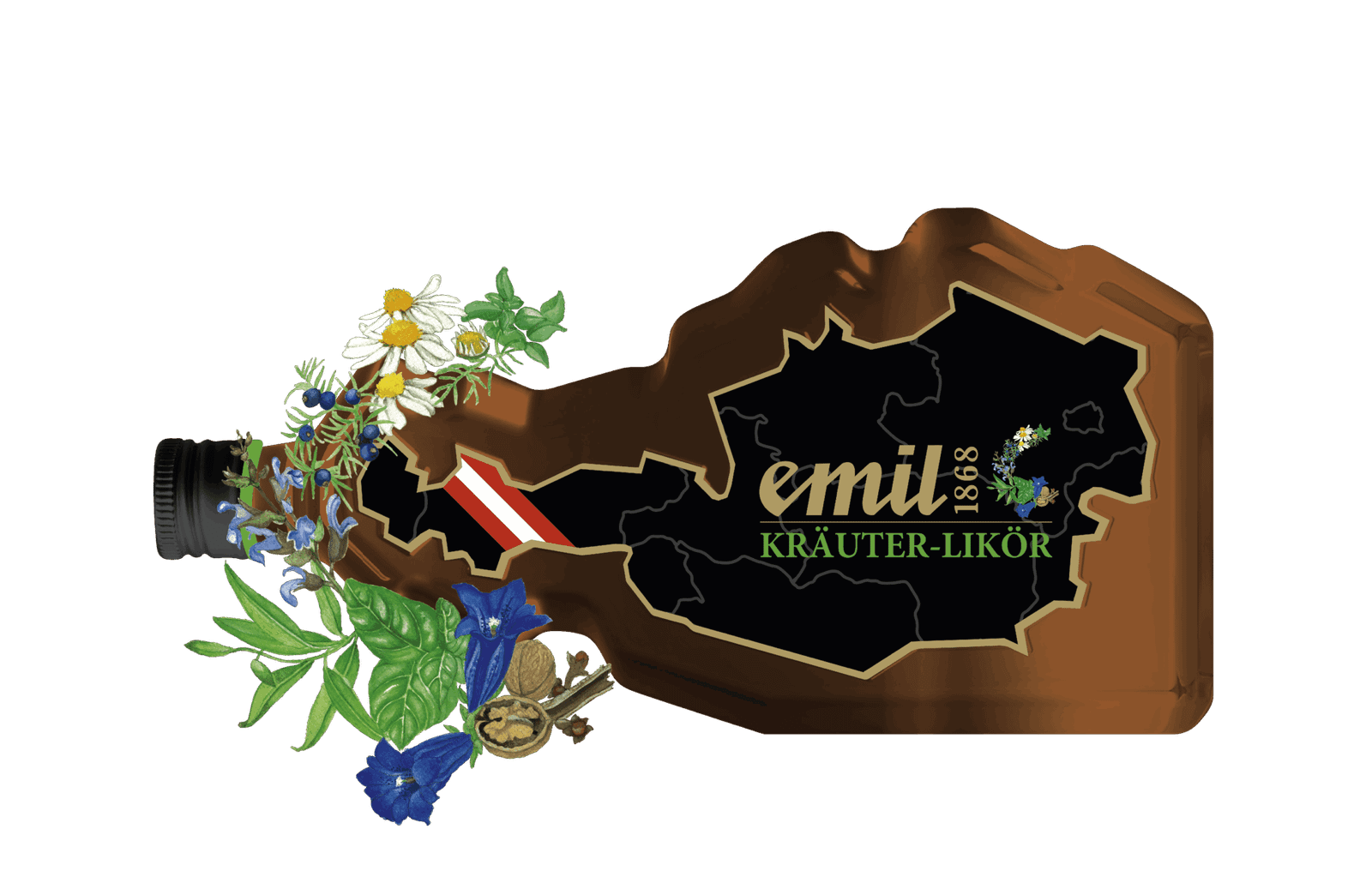Kräuter Likör 20%vol in einzigartiger Österreich-Formflasche – edler Likör von emil 1868