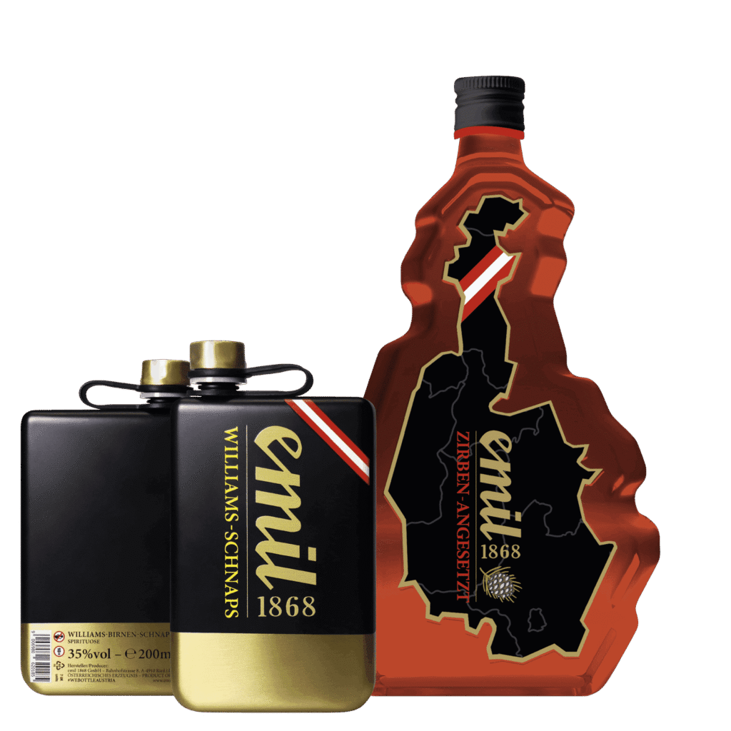 Unser Zirben Schnaps angesetzt in der Österreich Flasche und er Williams Birnen Schnaps Flachmann goldschwarz als Geschenks Bundle