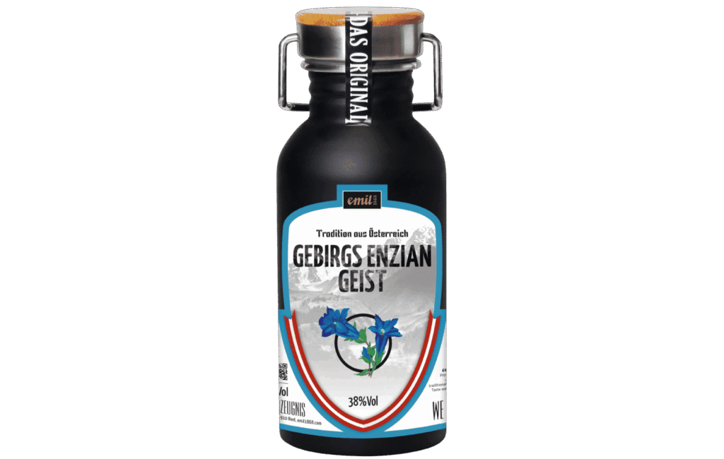 Gebirgs Enzian Geist 38%vol in Edelstahl Kanne – robuste Alpenspezialität von emil 1868