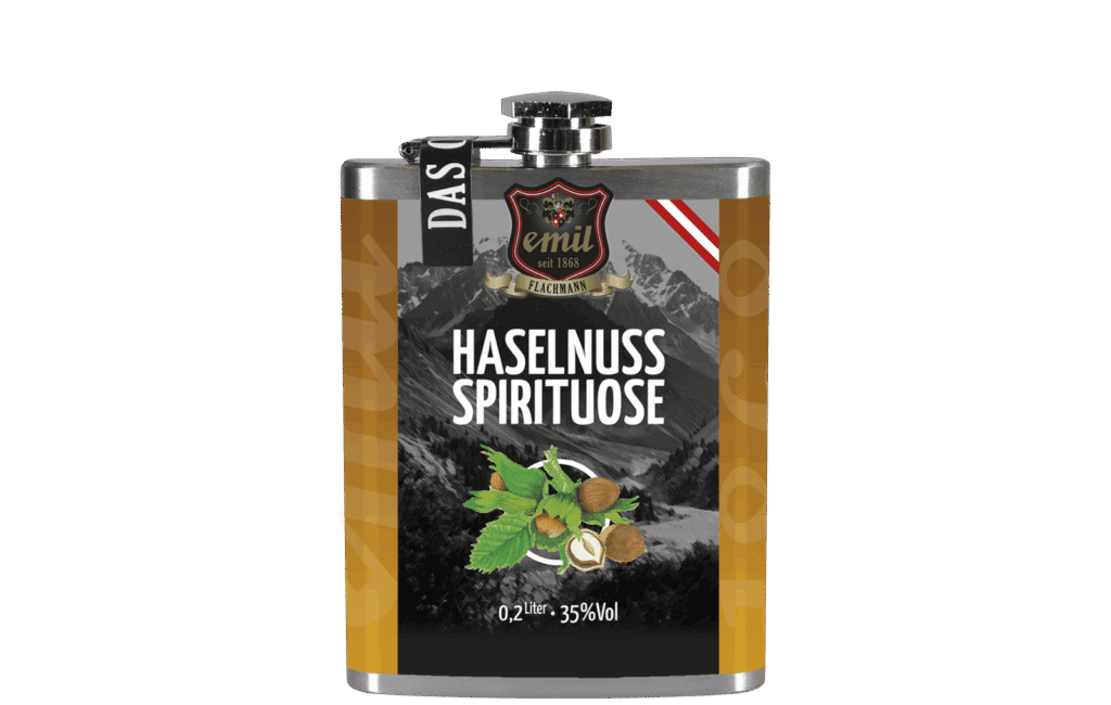 Haselnuss Schnaps 35%vol Flachmann Standard 200 ml – kompaktes Design von emil 1868