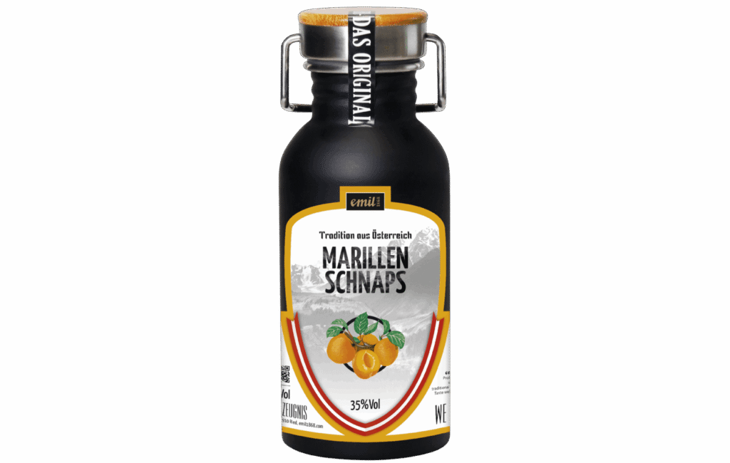 Marillen Schnaps 35%vol in Edelstahl Kanne – robuster Genussbehälter von emil 1868