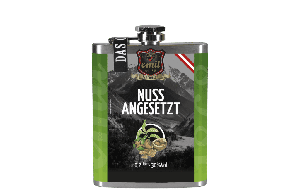 Nuss Schnaps 30%vol Flachmann Standard 200 ml – kompaktes Design von emil 1868