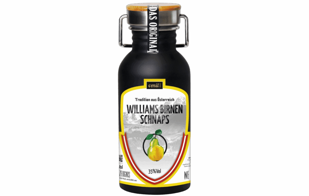 Williams Birnen Schnaps 35%vol in Edelstahl Kanne – robuster Genussbehälter von emil 1868