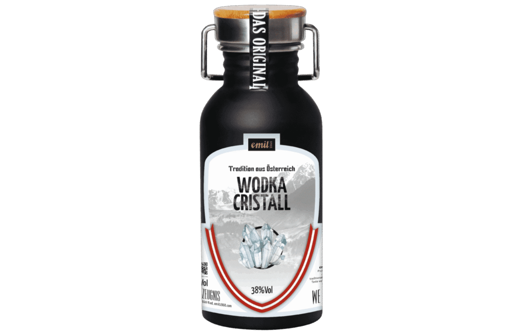 Wodka Cristall 38%vol in Edelstahl Kanne – robuste Spirituosenabfüllung von emil 1868