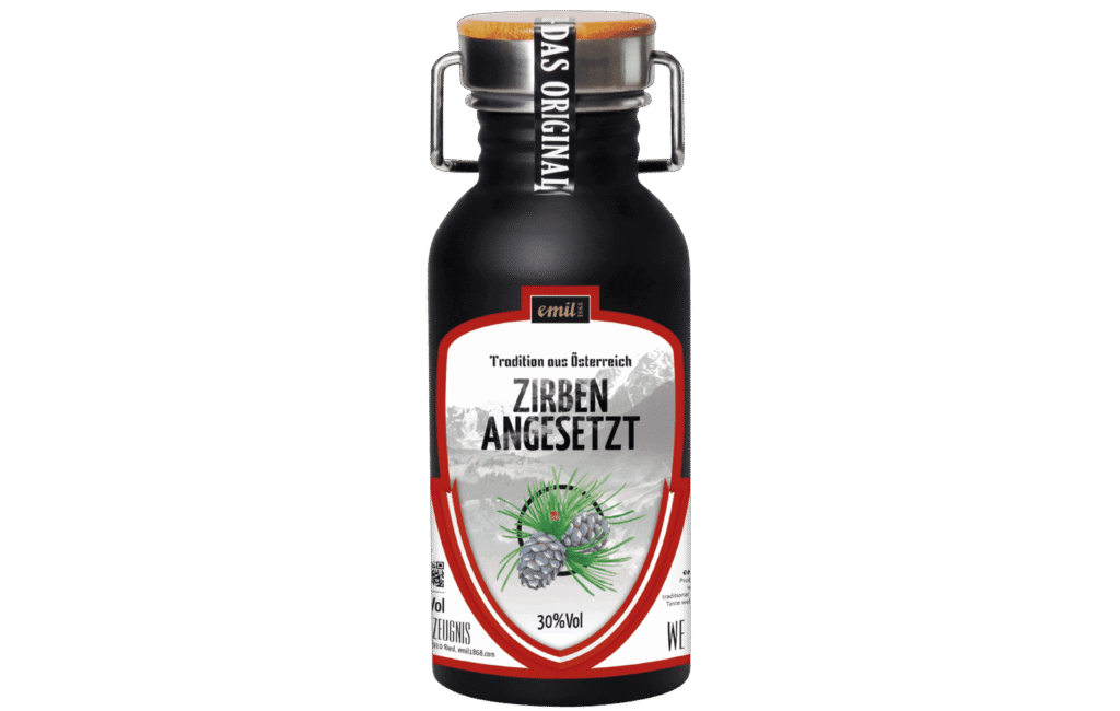 Zirben Schnaps angesetzt 30%vol in Edelstahl Kanne – robuster Genussbehälter von emil 1868